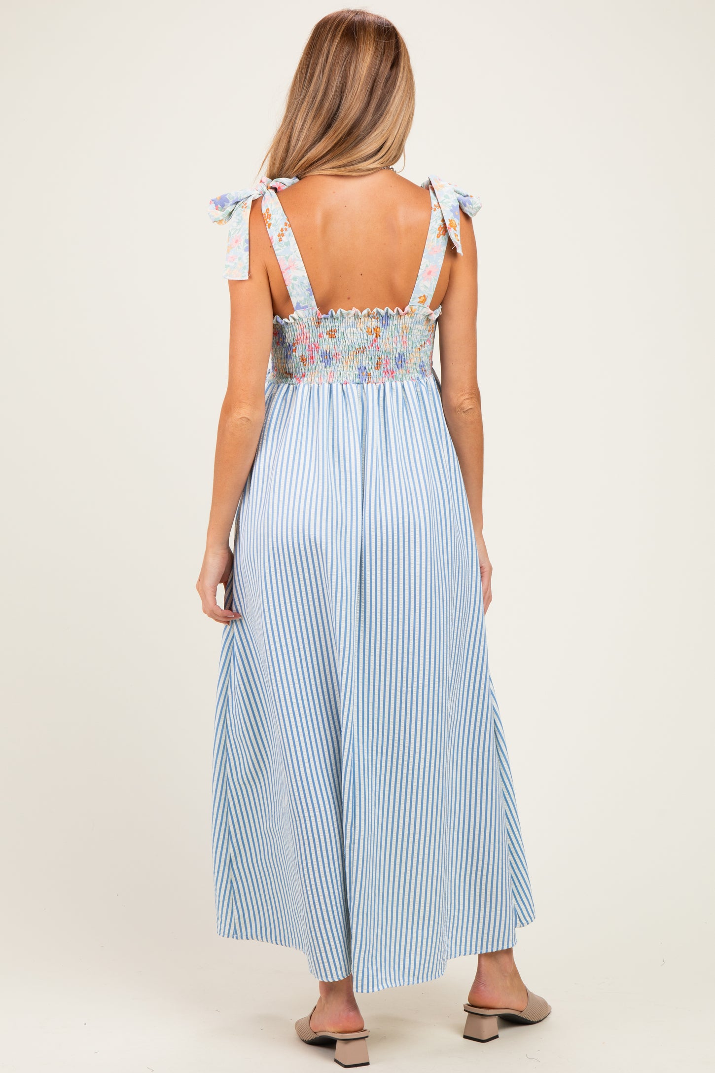 Blue Striped Sleeveless Smocked Floral Maternity Maxi Dress