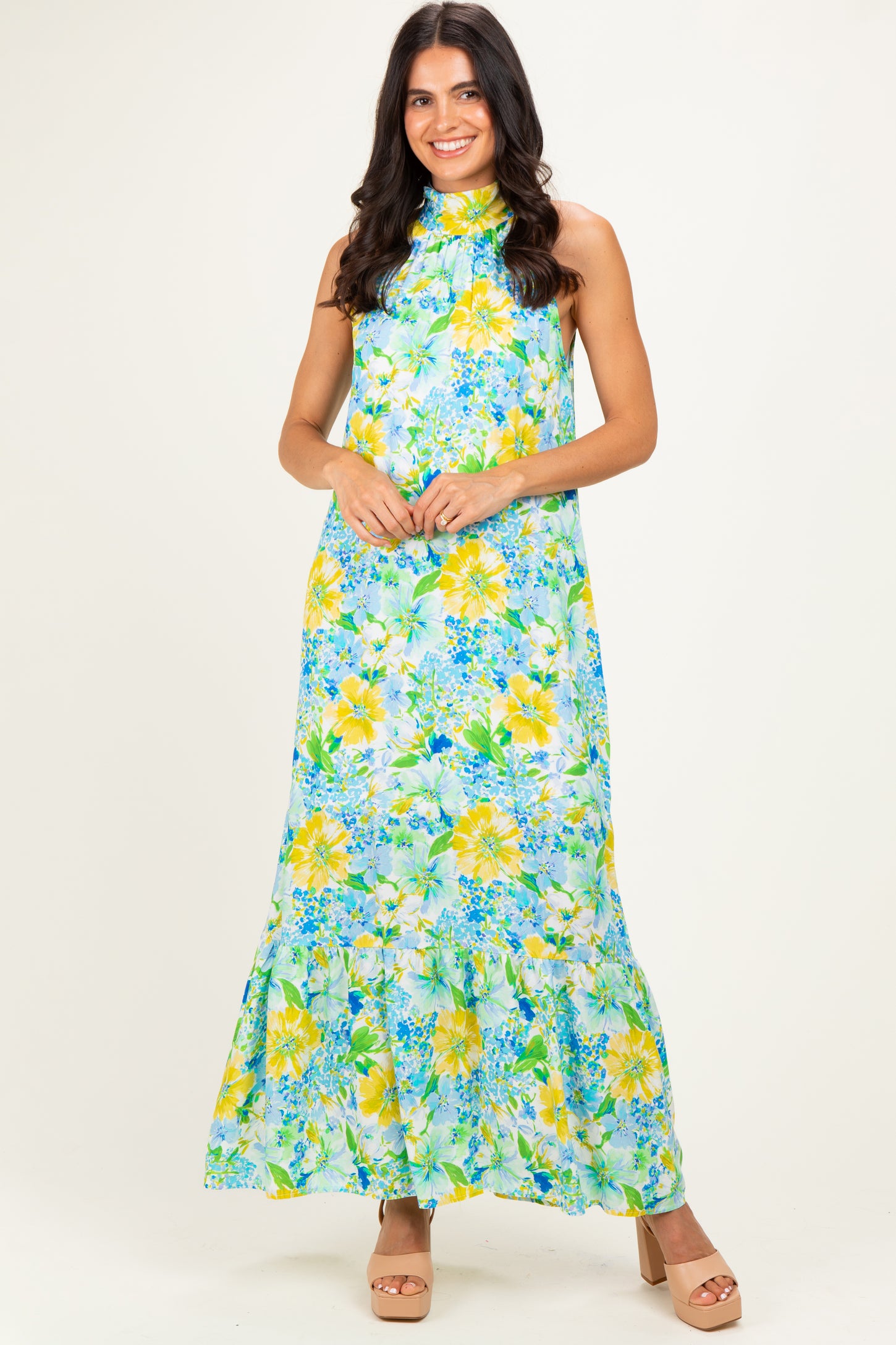 Blue Floral Halter Maternity Maxi Dress