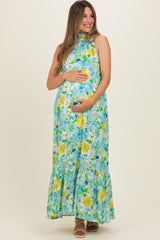 Blue Floral Halter Maternity Maxi Dress