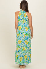 Blue Floral Halter Maternity Maxi Dress