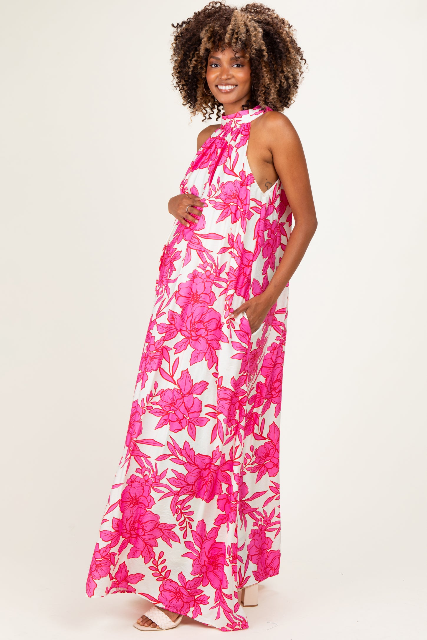 Pink Floral Halter Maternity Maxi Dress
