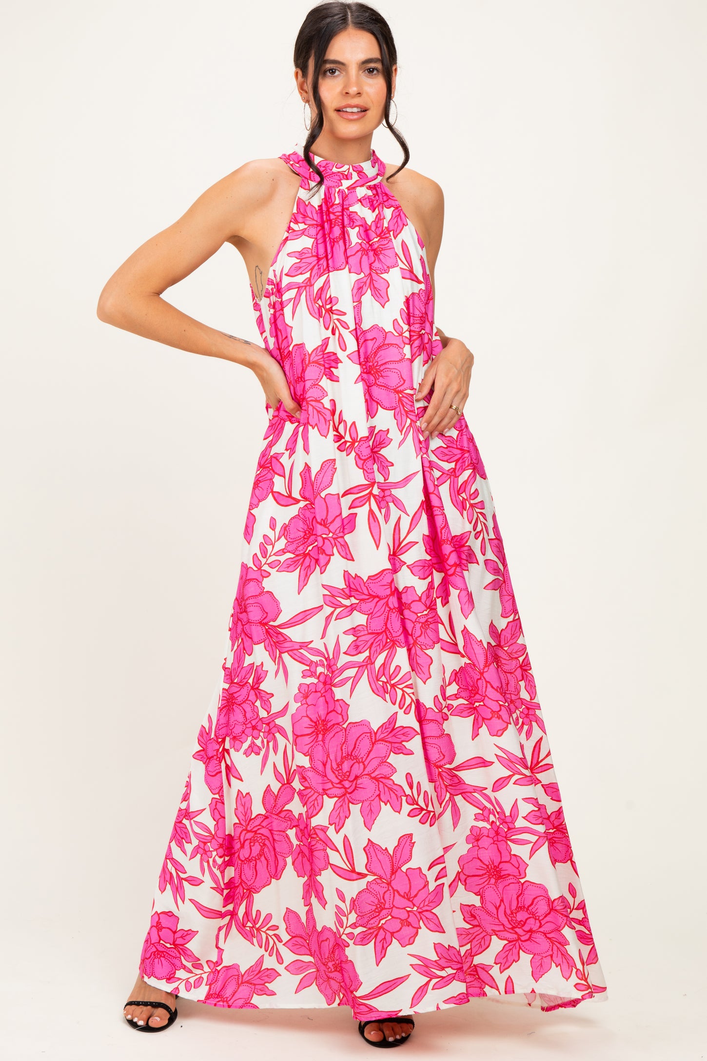 Pink Floral Halter Maxi Dress