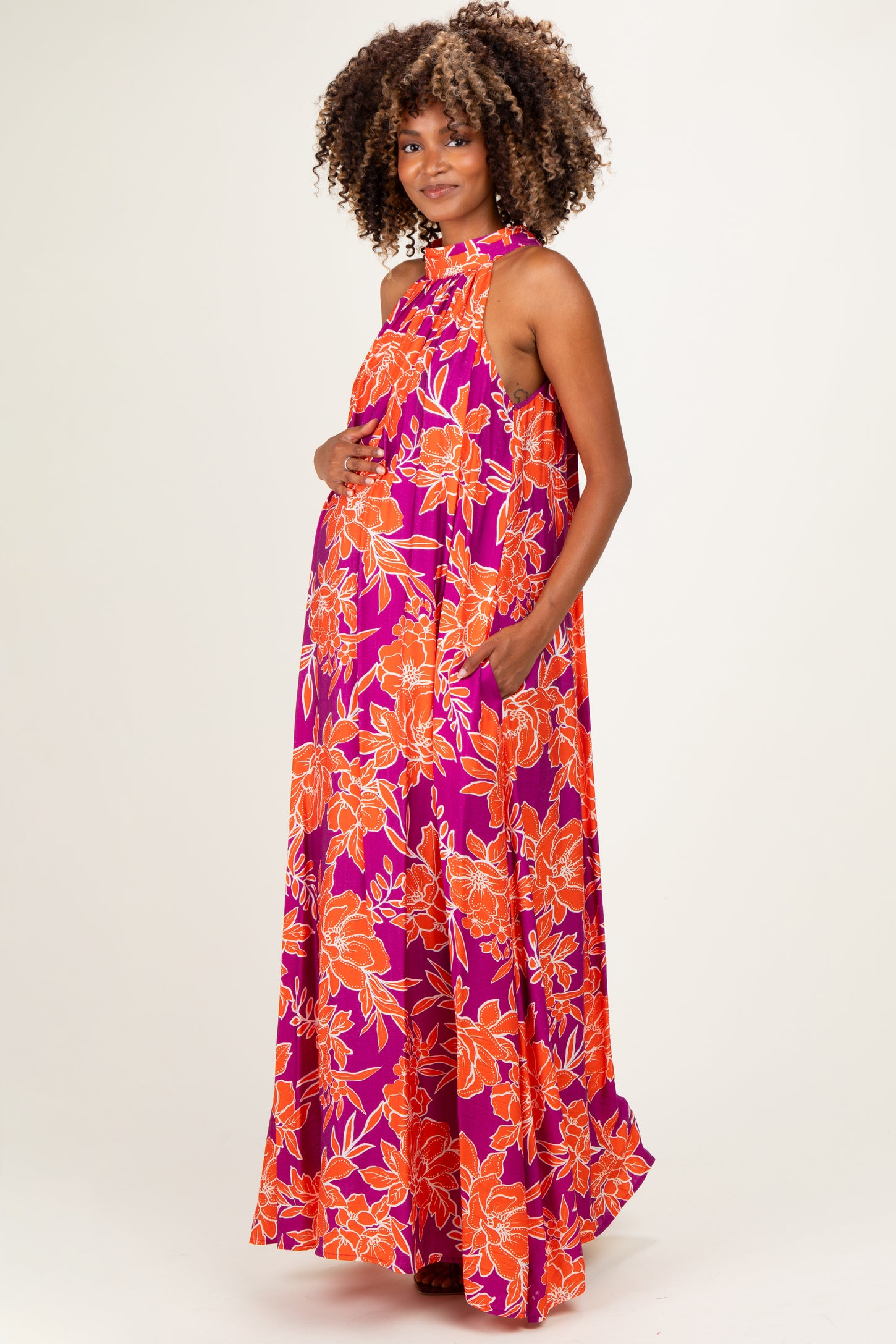 Plum Floral Halter Maternity Maxi Dress