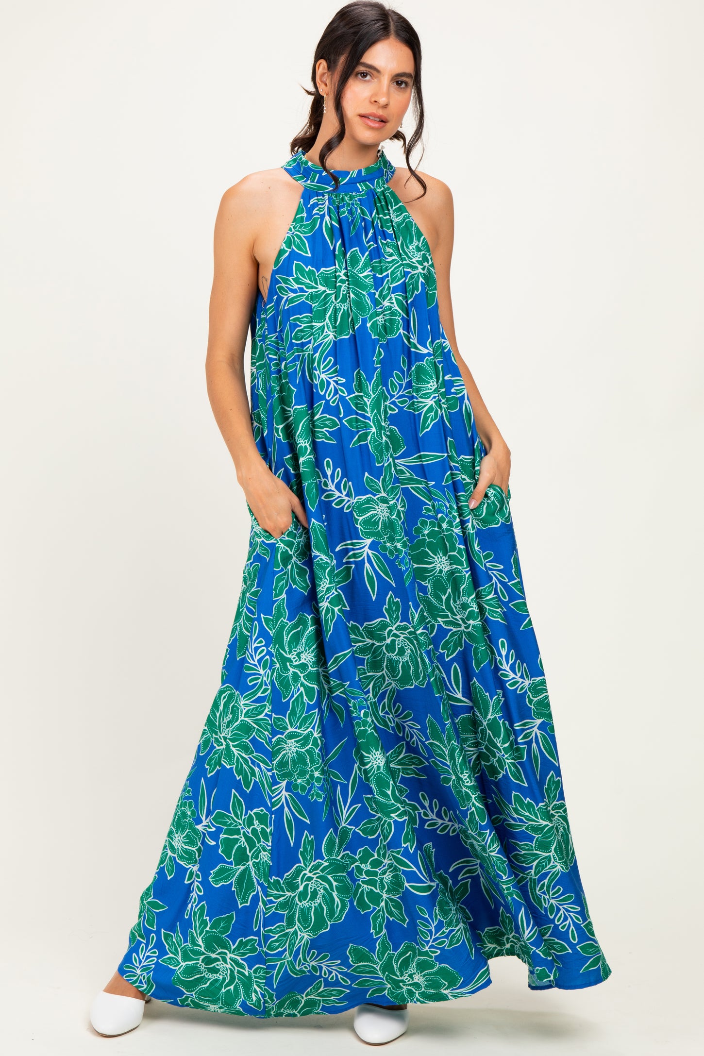 Royal Floral Halter Maternity Maxi Dress