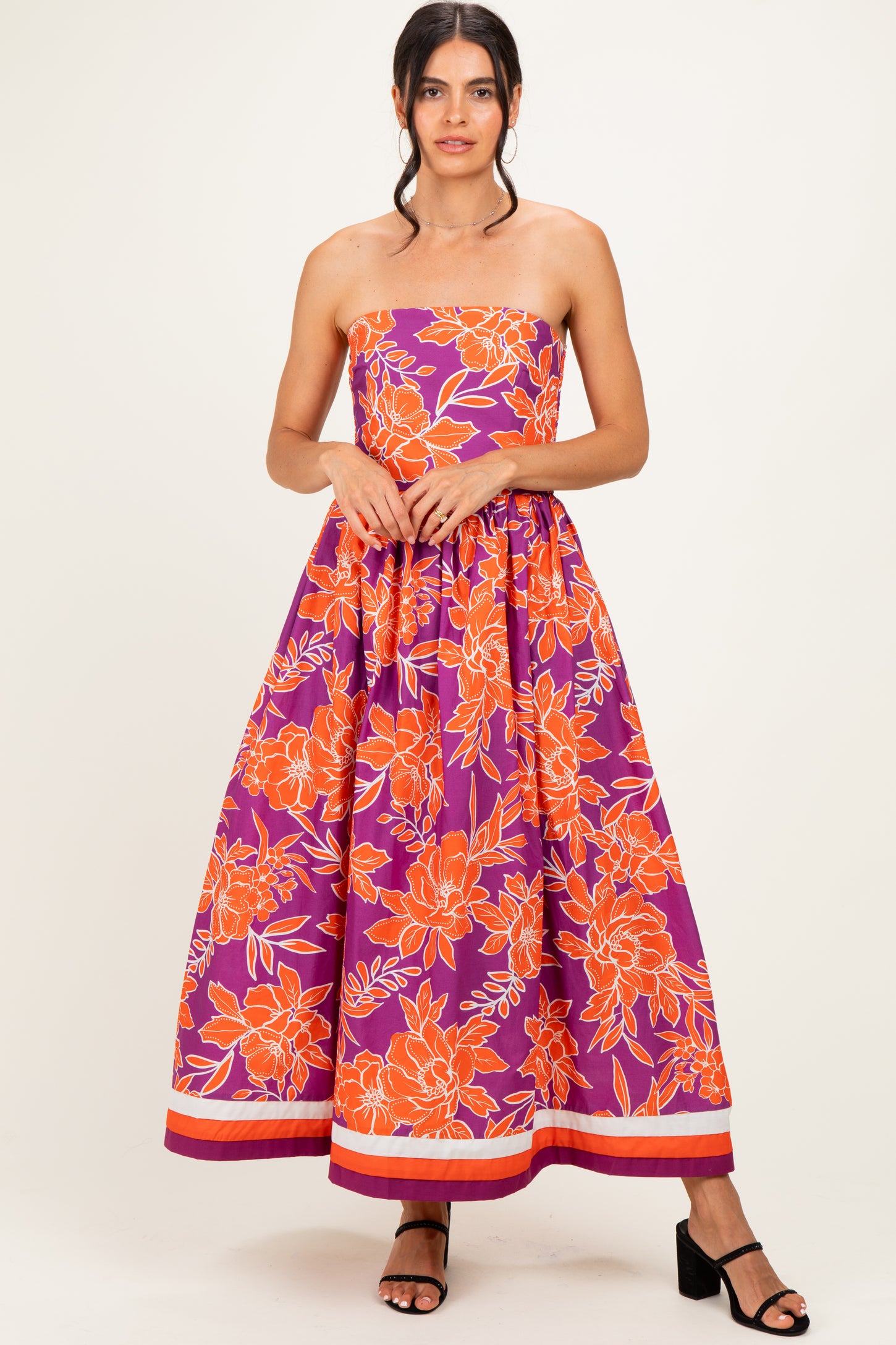 Plum Floral Strapless Midi Dress