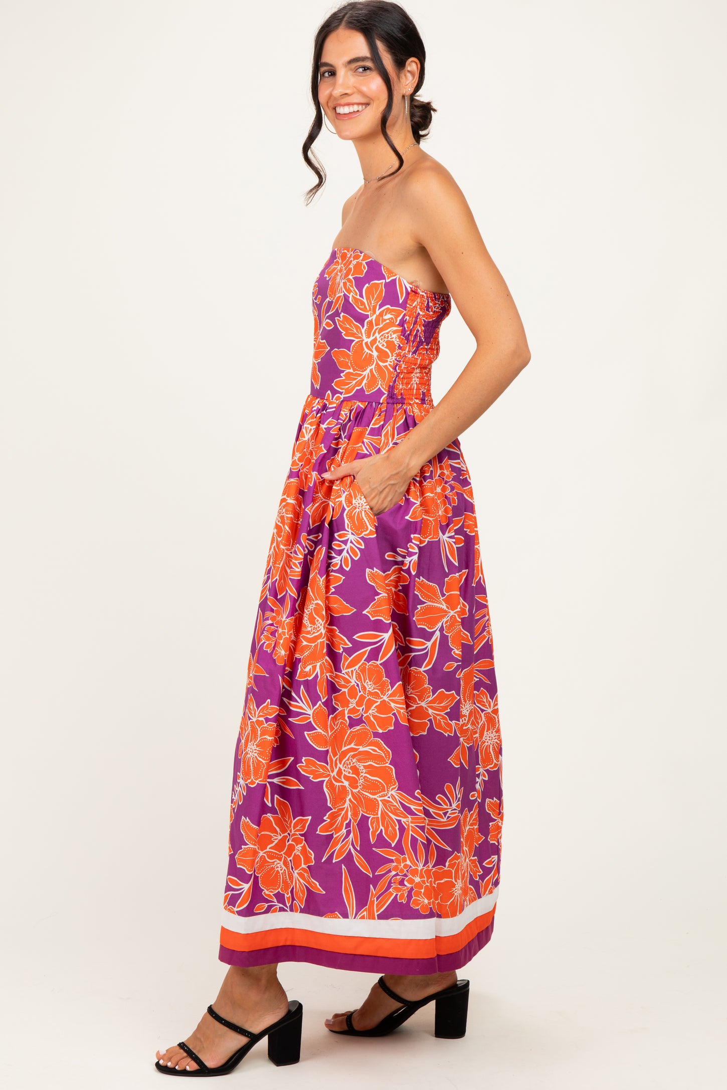 Plum Floral Strapless Midi Dress