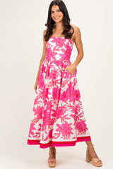 Pink Floral Strapless Midi Dress