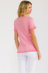 Pink Floral Ruffle Trim Henley Top