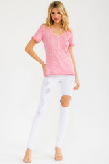 Pink Floral Ruffle Trim Henley Top
