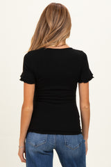 Black Ruffle Trim Pointelle Knit Maternity Henley Top