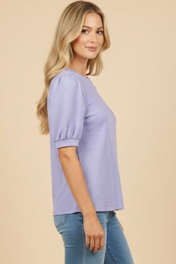 Lavender Ribbed Knit Puff Sleeve Top