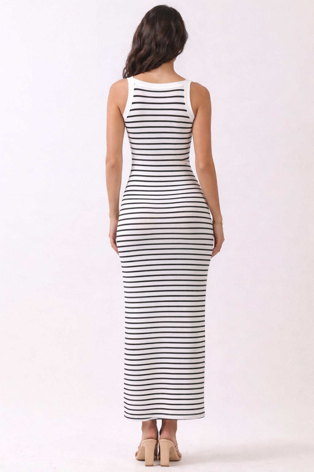 White Striped High Neck Ribbed Maxi Dress