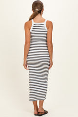 White Striped High Neck Ribbed Maternity Maxi Dress