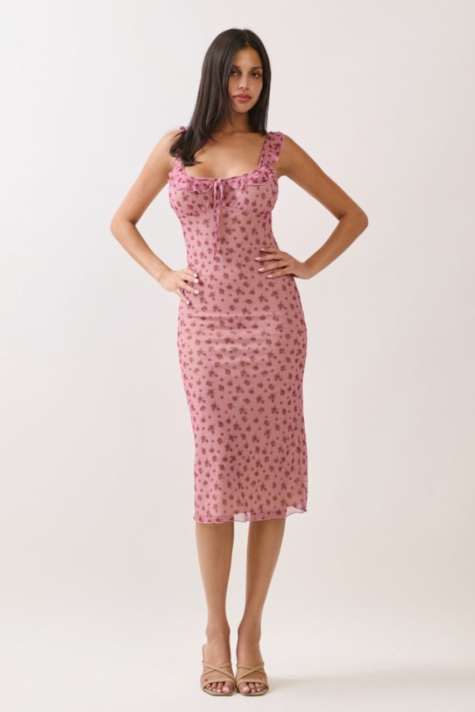 Smoke Rose Mesh Front Tie Midi Dress