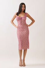 Smoke Rose Mesh Front Tie Midi Dress