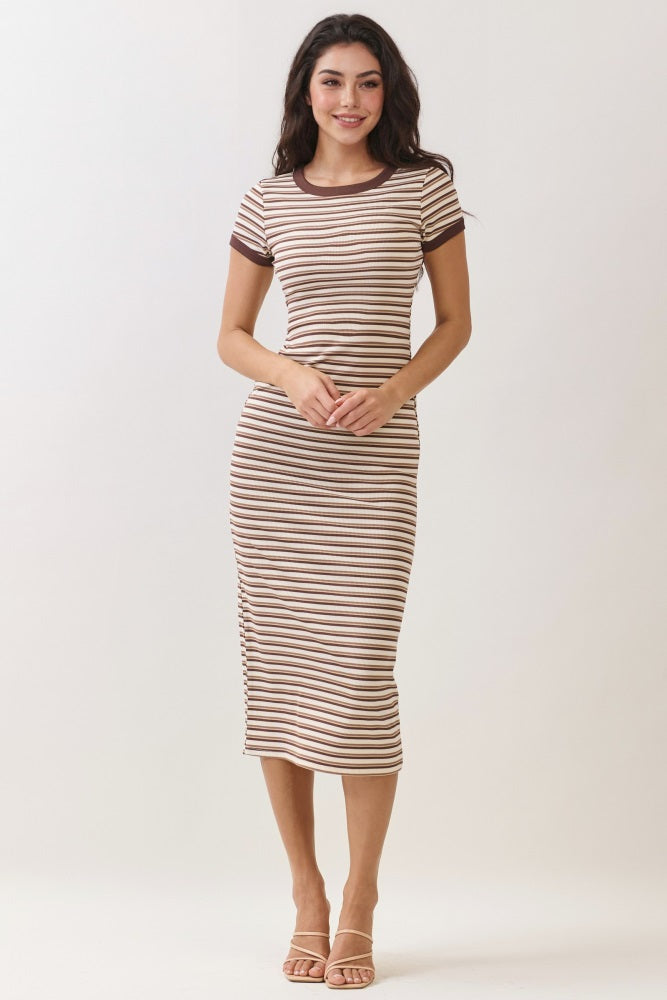 Ecru Striped Solid Trim Midi Dress