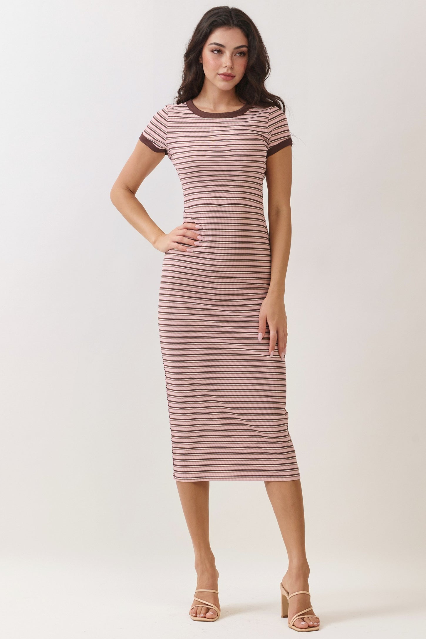 Light Pink  Striped Solid Trim Midi Dress