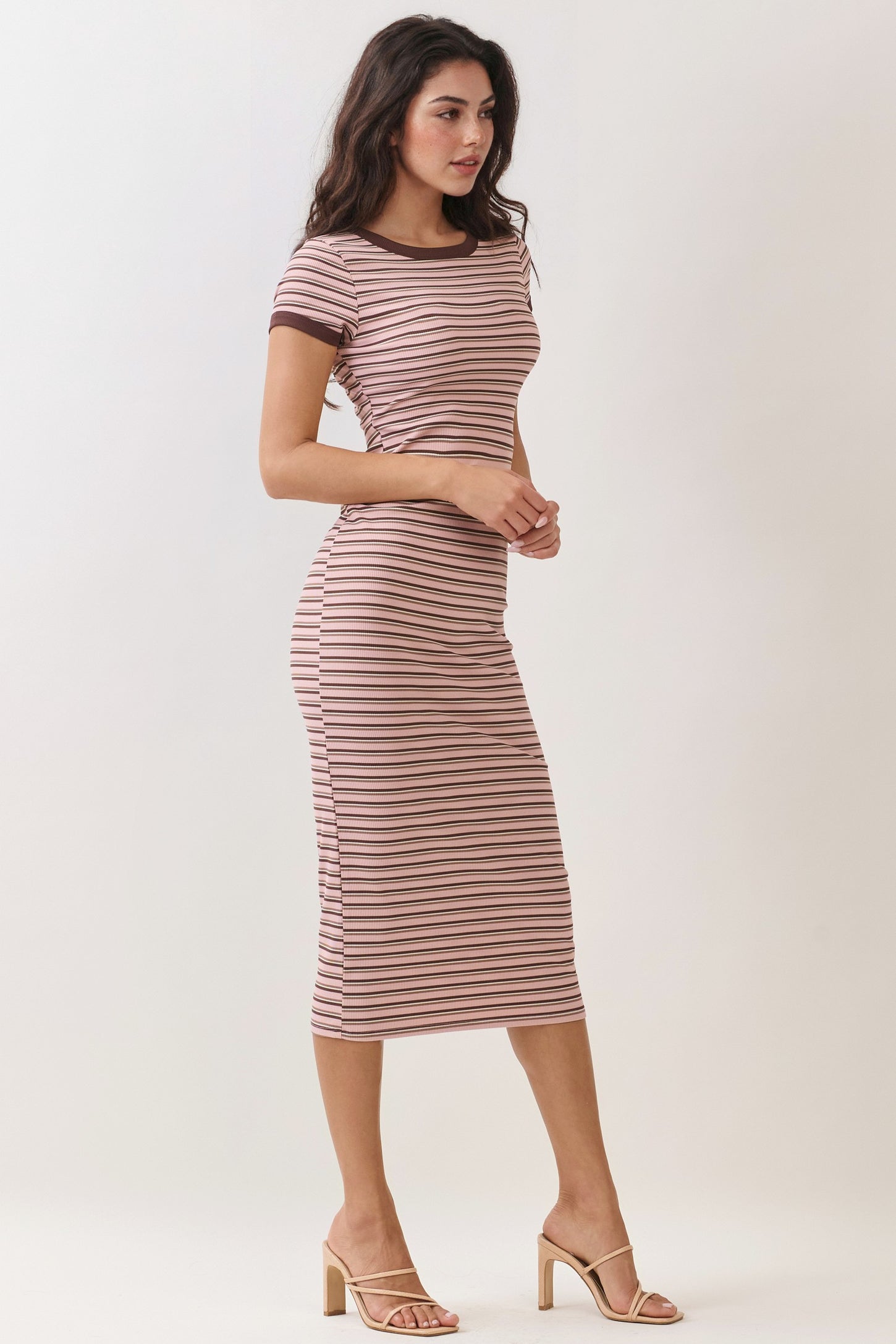 Light Pink  Striped Solid Trim Midi Dress