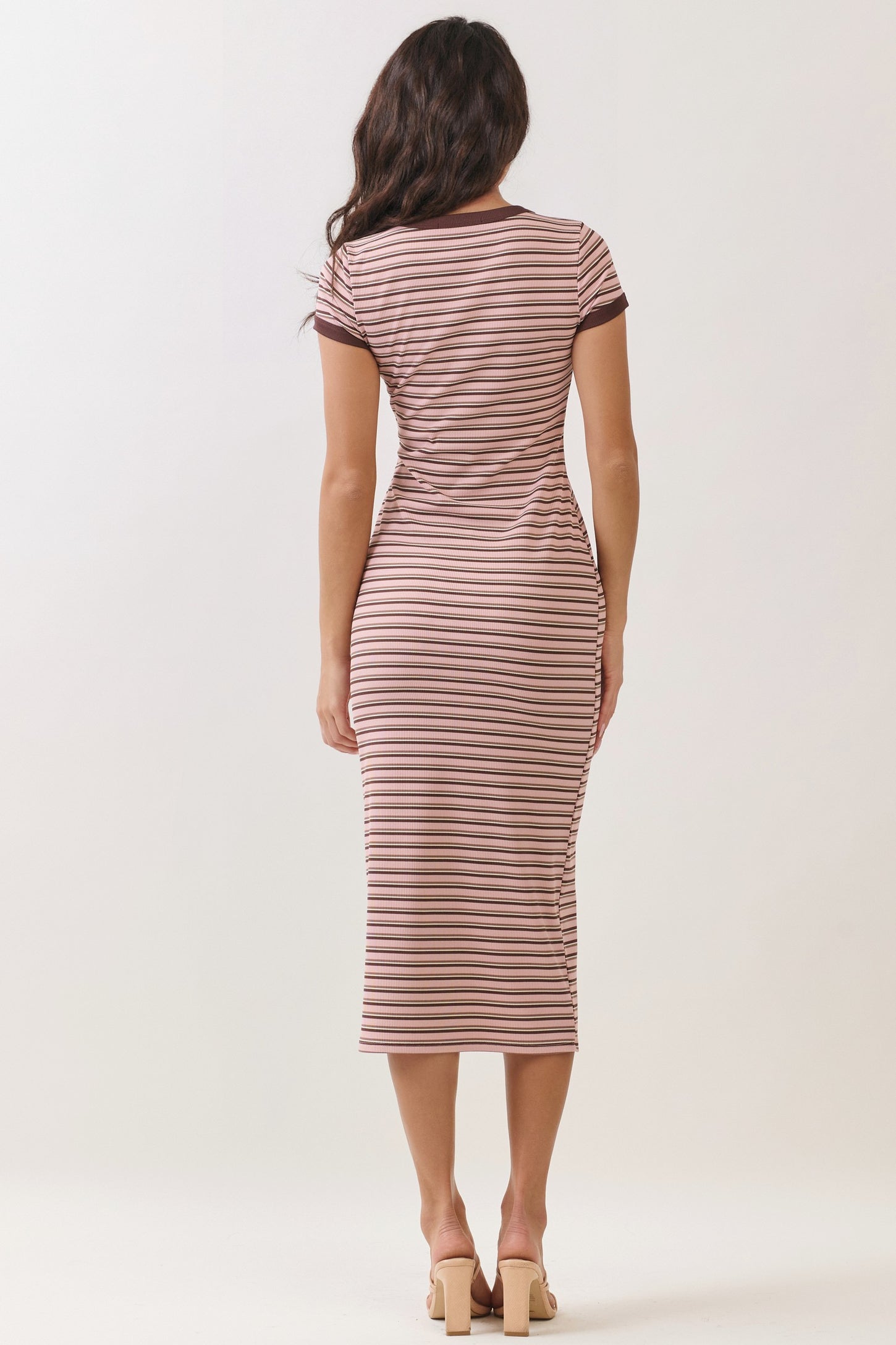 Light Pink  Striped Solid Trim Midi Dress