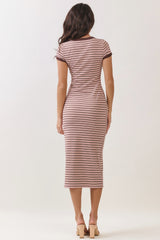 Light Pink  Striped Solid Trim Midi Dress