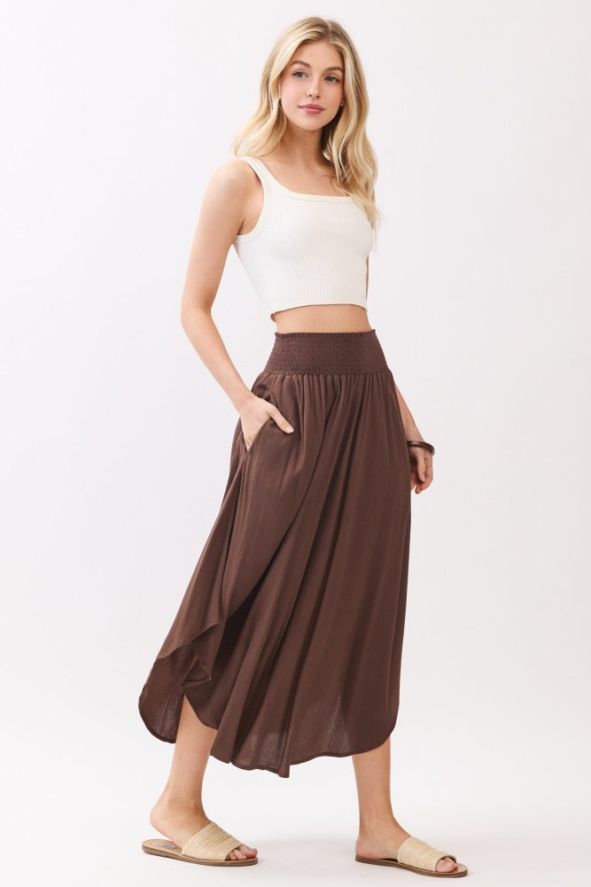 Chocolate Smocked Waist Rounded Hem Skirt