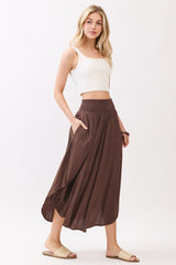 Chocolate Smocked Waist Rounded Hem Skirt