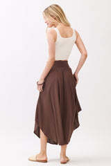 Chocolate Smocked Waist Rounded Hem Skirt