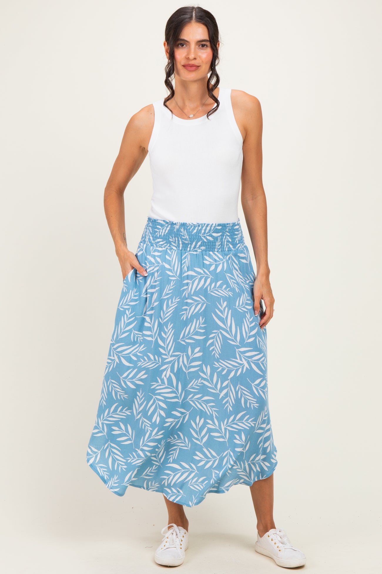 Light Blue Printed Smocked Waistband Skirt
