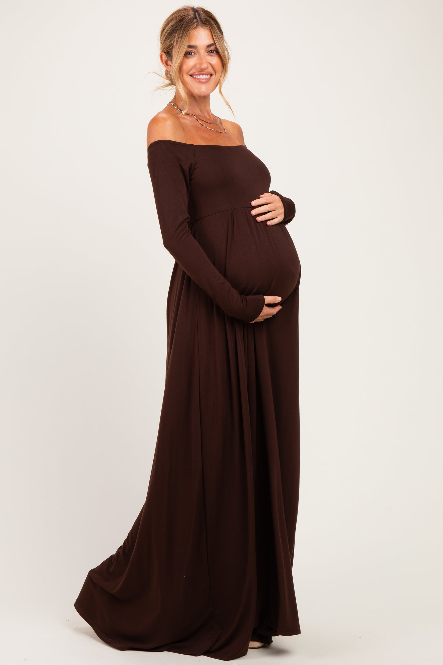 PinkBlush Brown Off Shoulder Maternity Maxi Dress