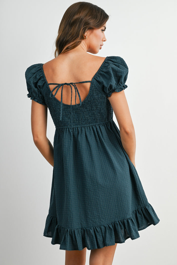 Dark Green Gingham Button Accent Mini Dress