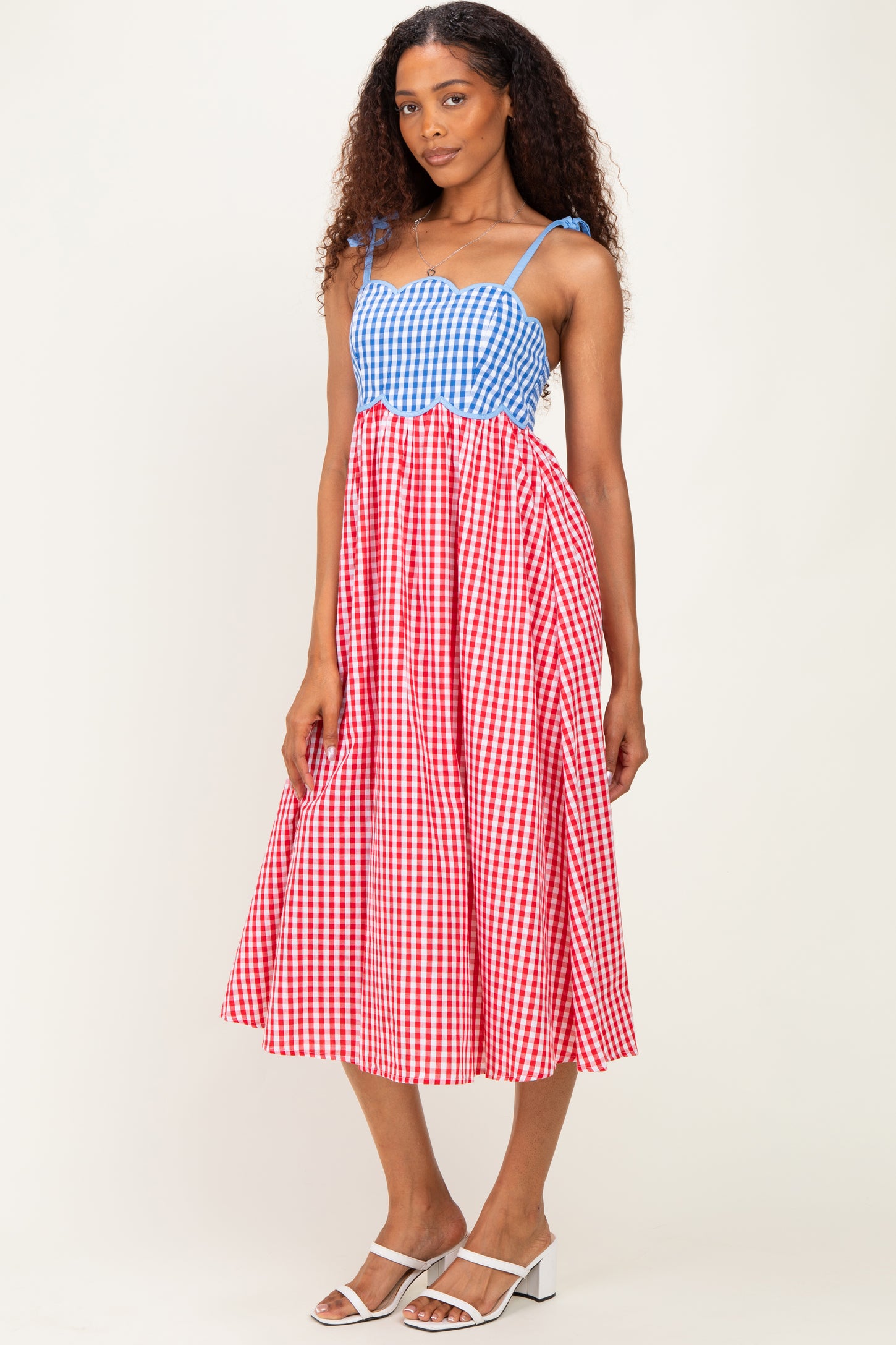 Red Gingham Colorblock Scallop Trim Midi Dress