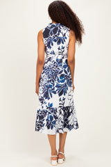Navy Floral Belted Sleeveless Shirt Dress