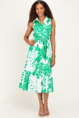 Green Floral Belted Sleeveless Shirt Dress