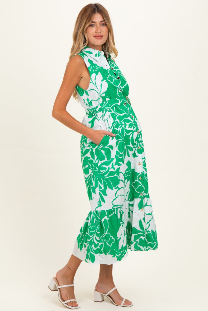 Green Floral Belted Sleeveless Maternity Shirt Dress
