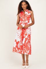 Red Floral Belted Sleeveless Shirt Dress