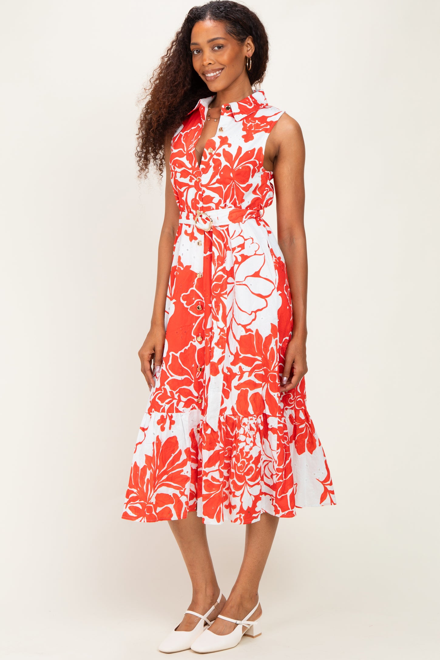 Red Floral Belted Sleeveless Shirt Dress