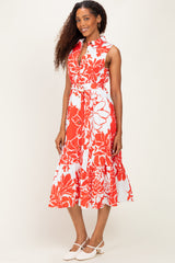 Red Floral Belted Sleeveless Shirt Dress