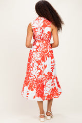 Red Floral Belted Sleeveless Shirt Dress