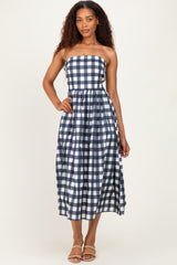 Navy Gingham Strapless Midi Dress