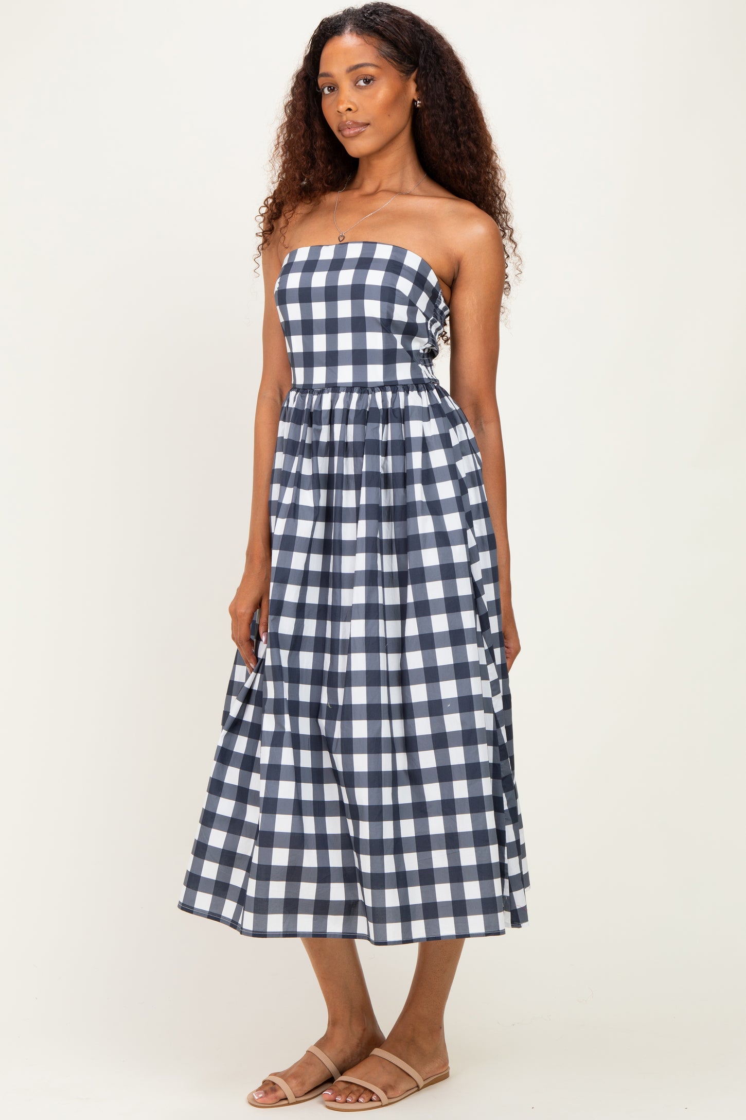 Navy Gingham Strapless Midi Dress