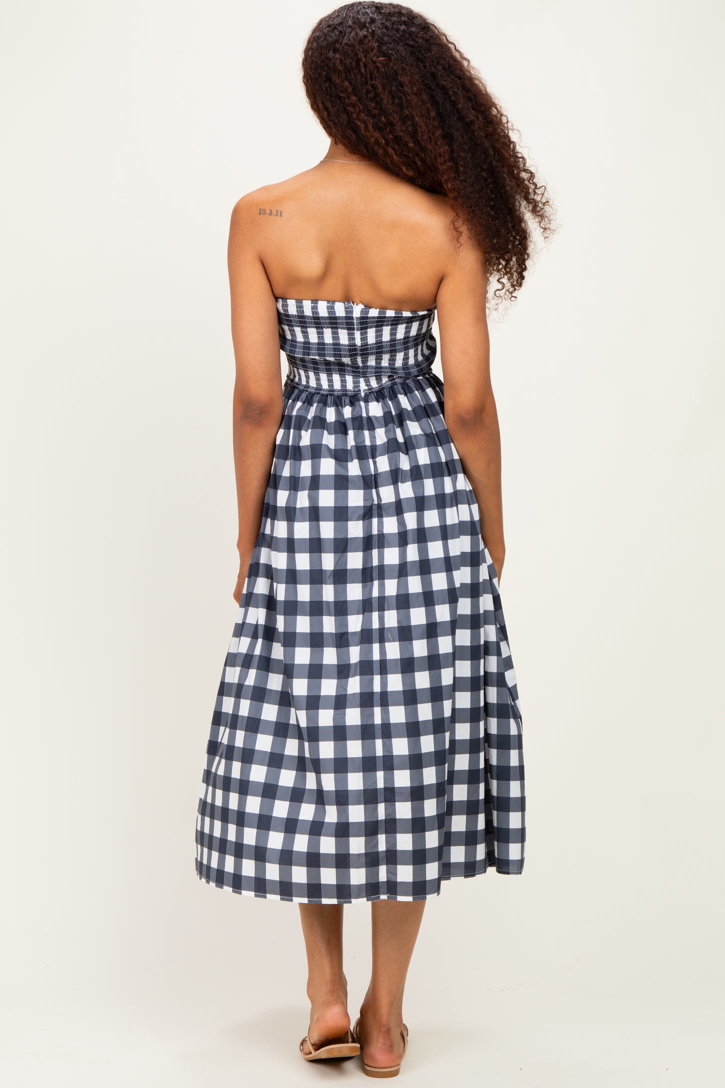 Navy Gingham Strapless Midi Dress
