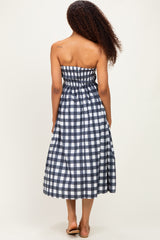 Navy Gingham Strapless Midi Dress