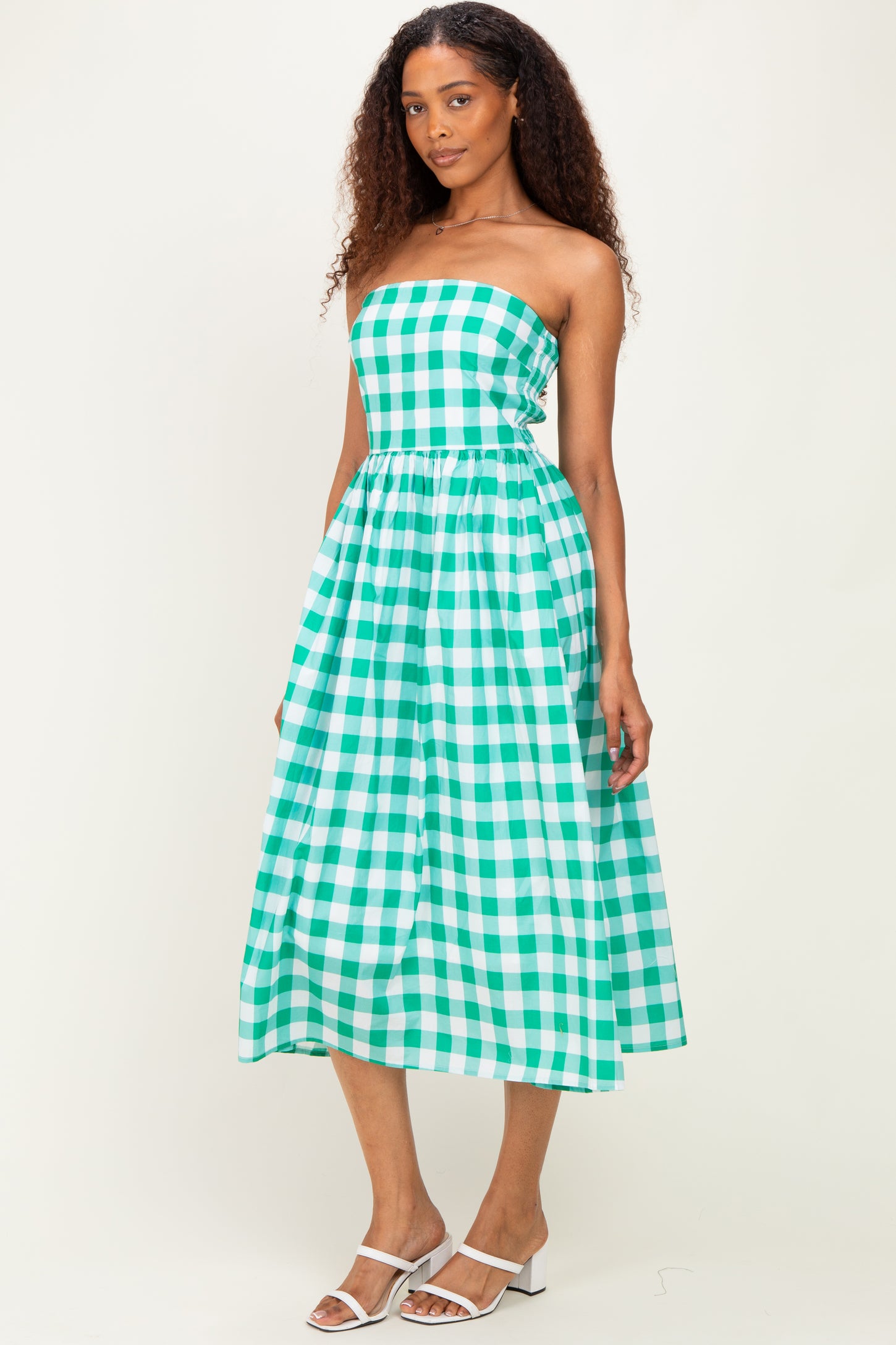 Green Gingham Strapless Midi Dress