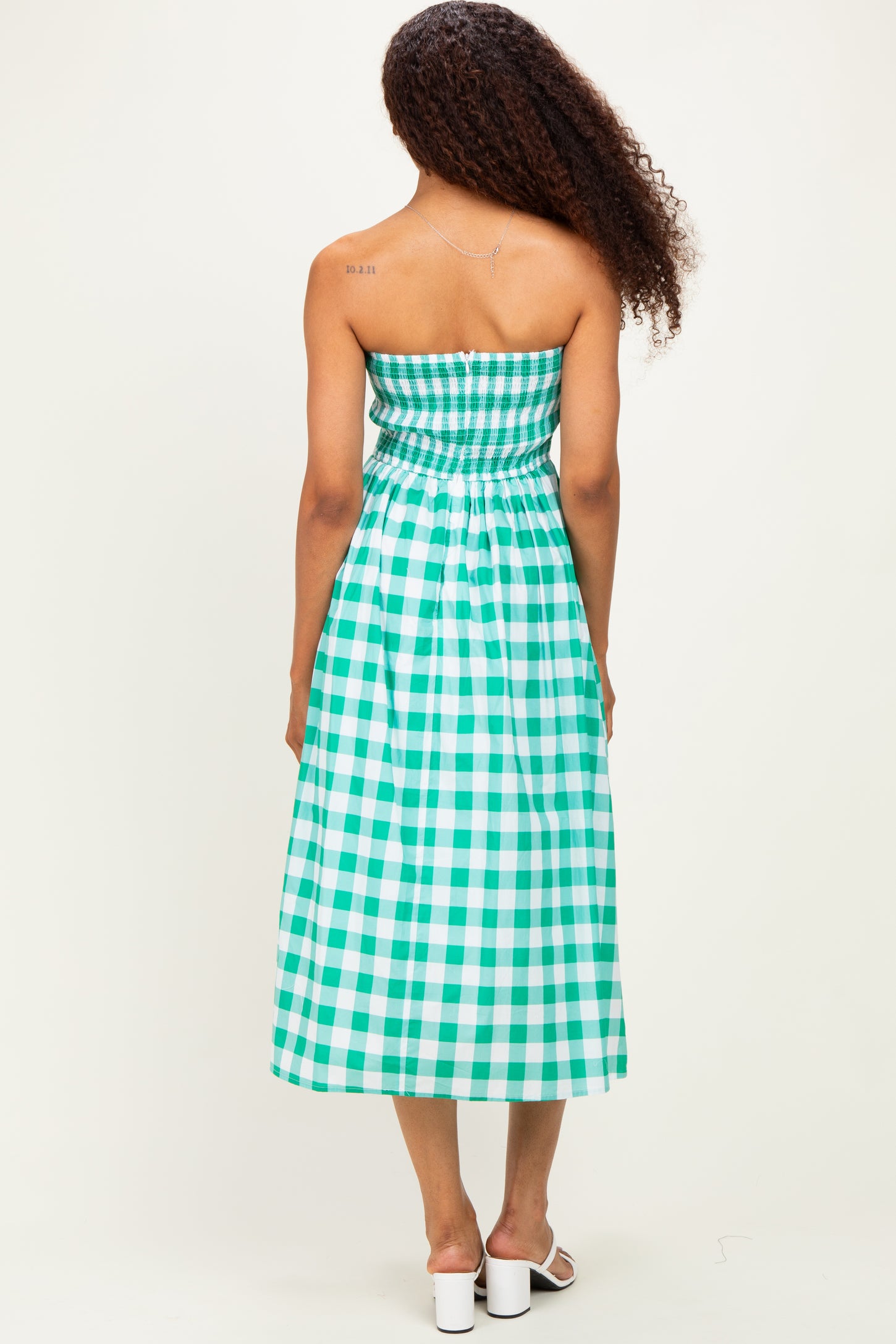 Green Gingham Strapless Midi Dress