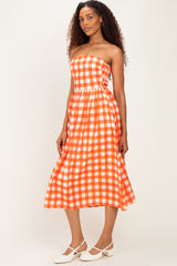 Orange Gingham Strapless Midi Dress
