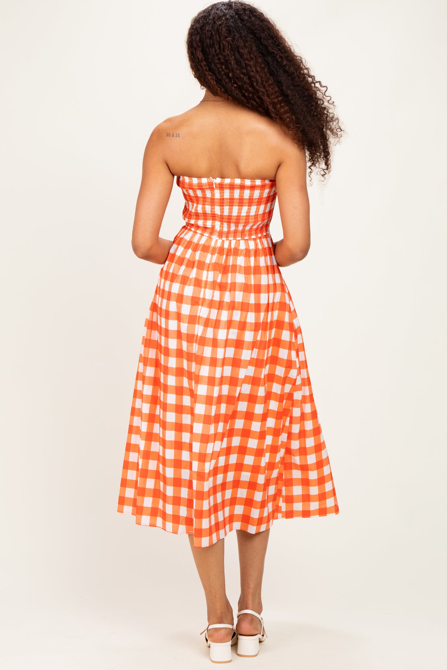 Orange Gingham Strapless Midi Dress