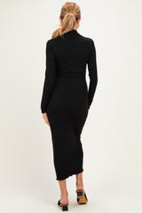 Black Ruffle Mock Neck Long Sleeve Maternity Midi Dress