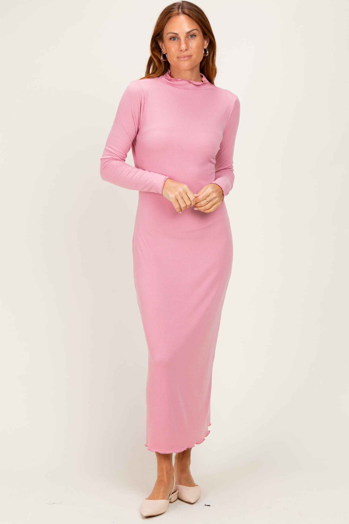 Mauve Ruffle Mock Neck Long Sleeve Maternity Midi Dress