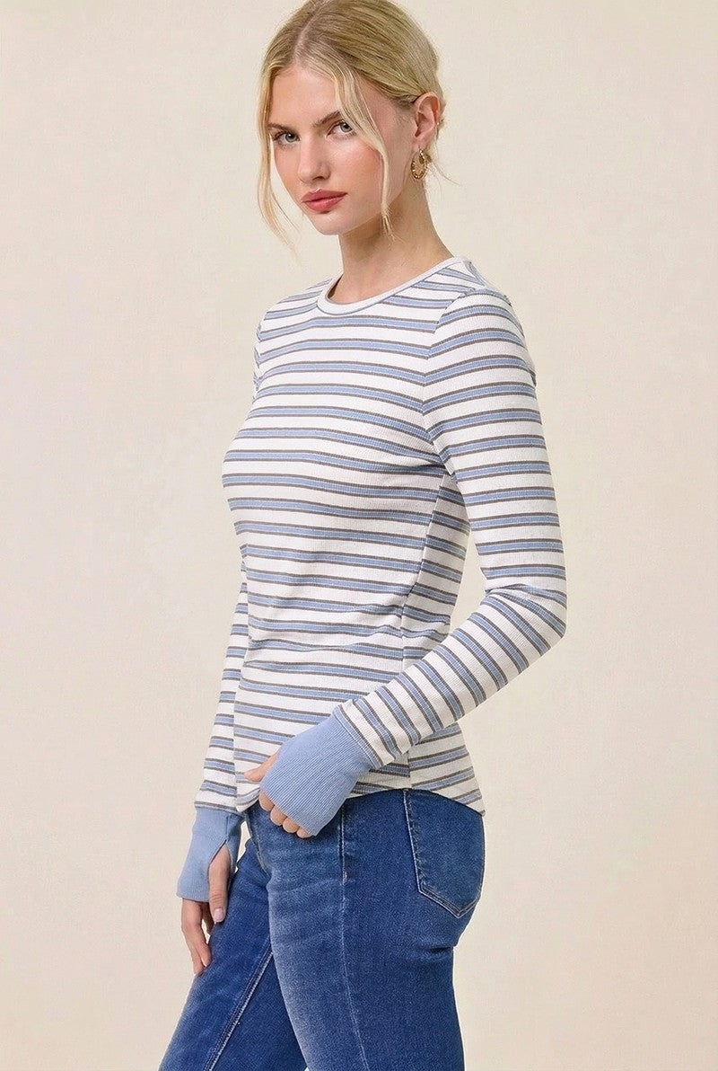 Blue Striped Rib Long Sleeve Fitted Top