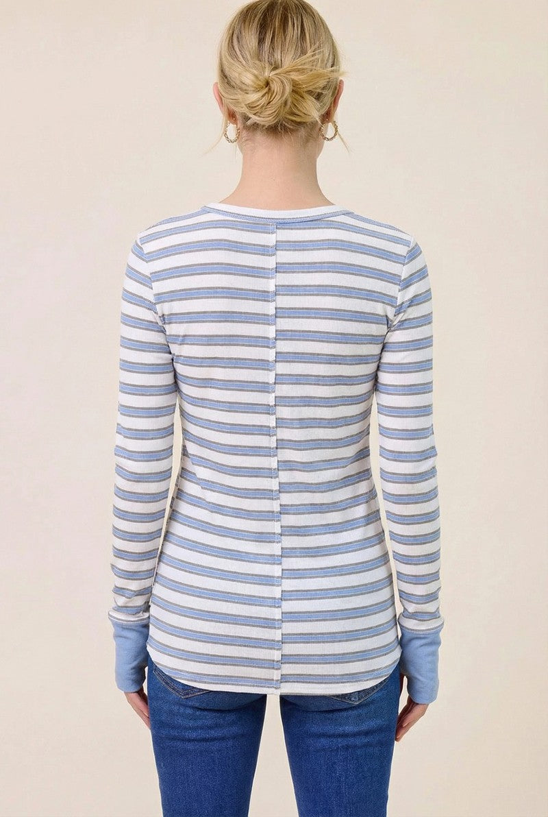 Blue Striped Rib Long Sleeve Fitted Top